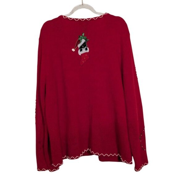 Studio Joy Dog Christmas Cardigan Womens Size Large Red Beaded Sweater - Picture 9 of 14